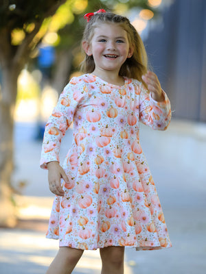 Fall Pink Pumpkin Girls Long Sleeve Twirl Dress