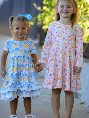 Fall Pink Pumpkin Girls Long Sleeve Twirl Dress
