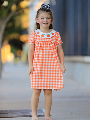 Fall Pumpkin Embroidered Puff Sleeve Girls Dress