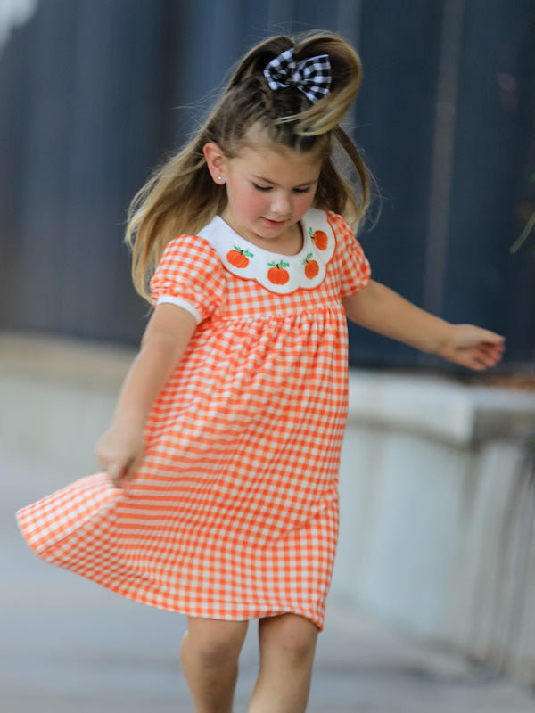 Fall Pumpkin Embroidered Puff Sleeve Girls Dress
