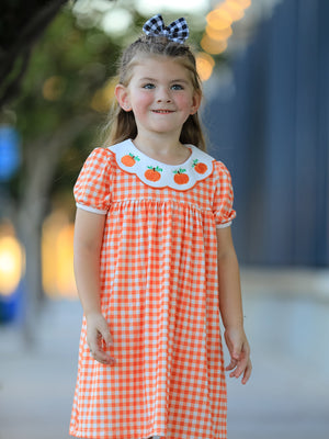 Fall Pumpkin Embroidered Puff Sleeve Girls Dress