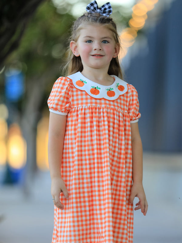 Fall Pumpkin Embroidered Puff Sleeve Girls Dress