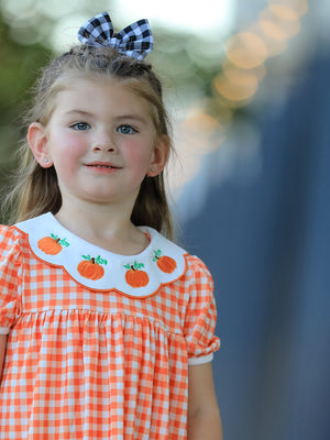 Fall Pumpkin Embroidered Puff Sleeve Girls Dress