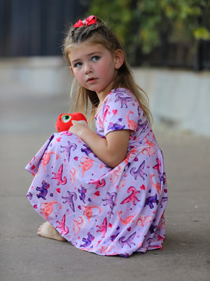 Dinosaur Heart Twirl Girls Dress Short Sleeves