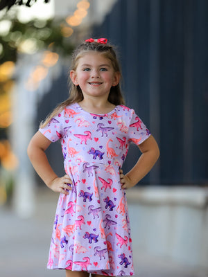 Dinosaur Heart Twirl Girls Dress Short Sleeves