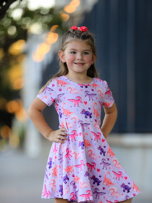 Dinosaur Heart Twirl Girls Dress Short Sleeves