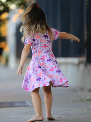 Dinosaur Heart Twirl Girls Dress Short Sleeves