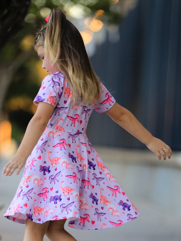 Dinosaur Heart Twirl Girls Dress Short Sleeves