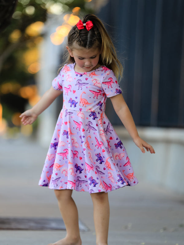 Dinosaur Heart Twirl Girls Dress Short Sleeves