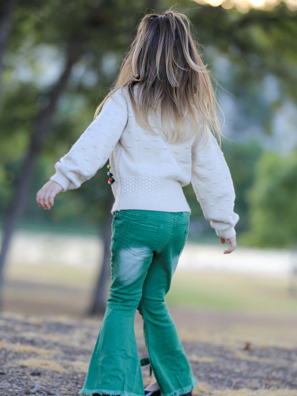 Rylee Faith Designs Green Flared Elastic Jeans