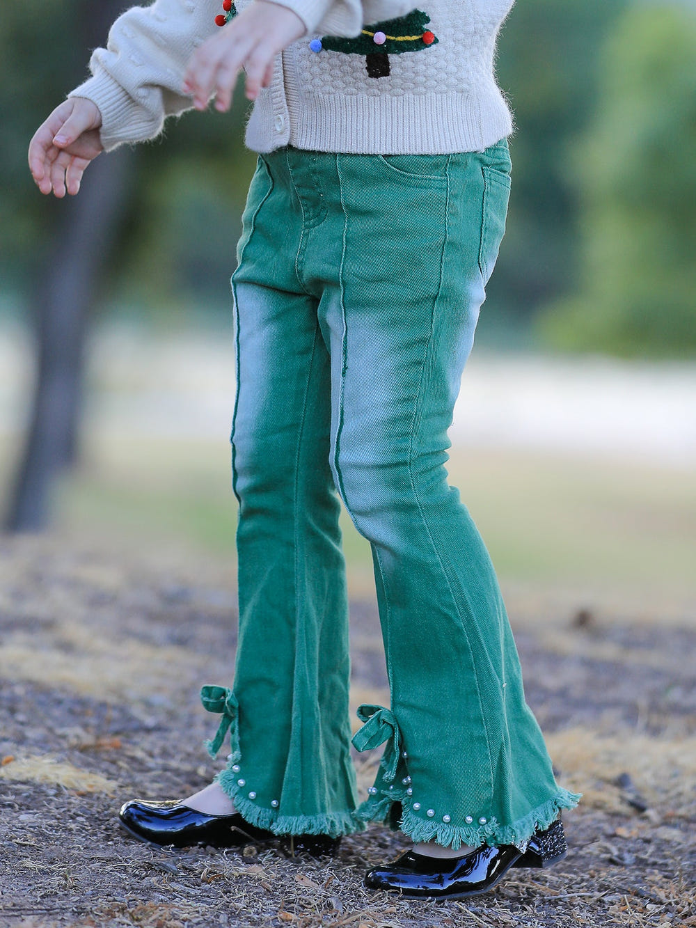 Rylee Faith Designs Green Flared Elastic Jeans