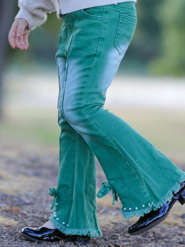 Rylee Faith Designs Green Flared Elastic Jeans