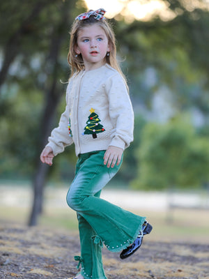 Rylee Faith Designs Green Flared Elastic Jeans