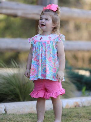 Easter Cross Smocking Embroidery Baby Girl Set in angle view, perfect for spring celebrations and special occasions.