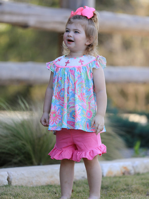 Easter Cross Smocking Embroidery Baby Girl Set in angle view, perfect for spring celebrations and special occasions.