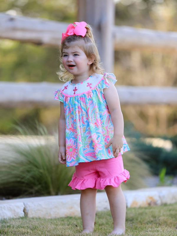 Easter Cross Smocking Embroidery Baby Girl Set - Outfit Angle 3, perfect for spring celebrations.