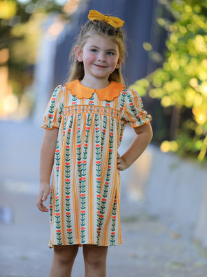 Fall Floral Stripe Girls Dress Petals Collar Smocked