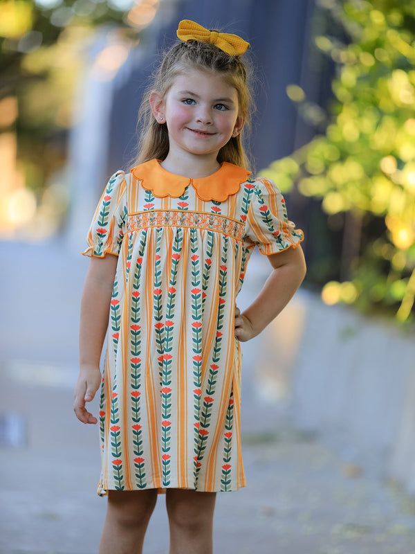 Fall Floral Stripe Girls Dress Petals Collar Smocked