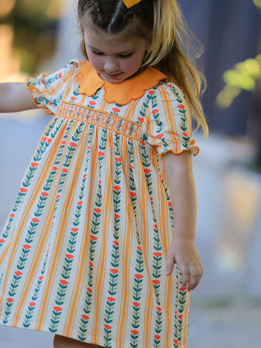 Fall Floral Stripe Girls Dress Petals Collar Smocked