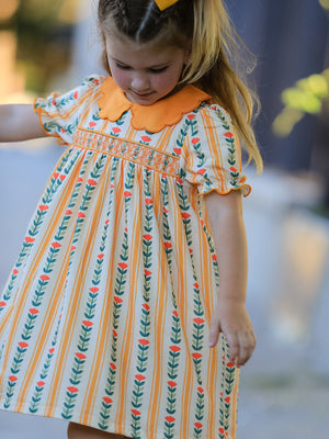 Fall Floral Stripe Girls Dress Petals Collar Smocked