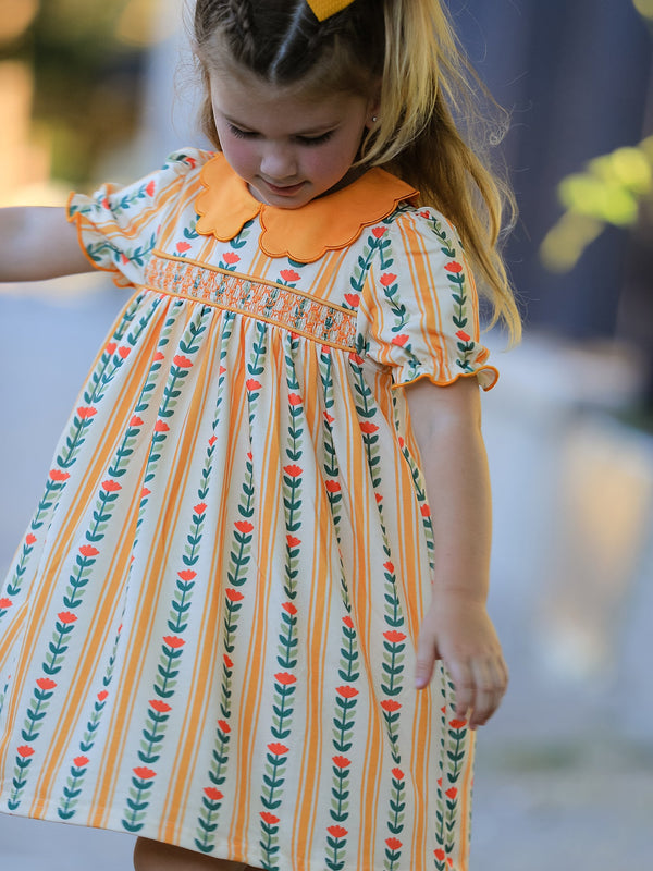 Fall Floral Stripe Girls Dress Petals Collar Smocked