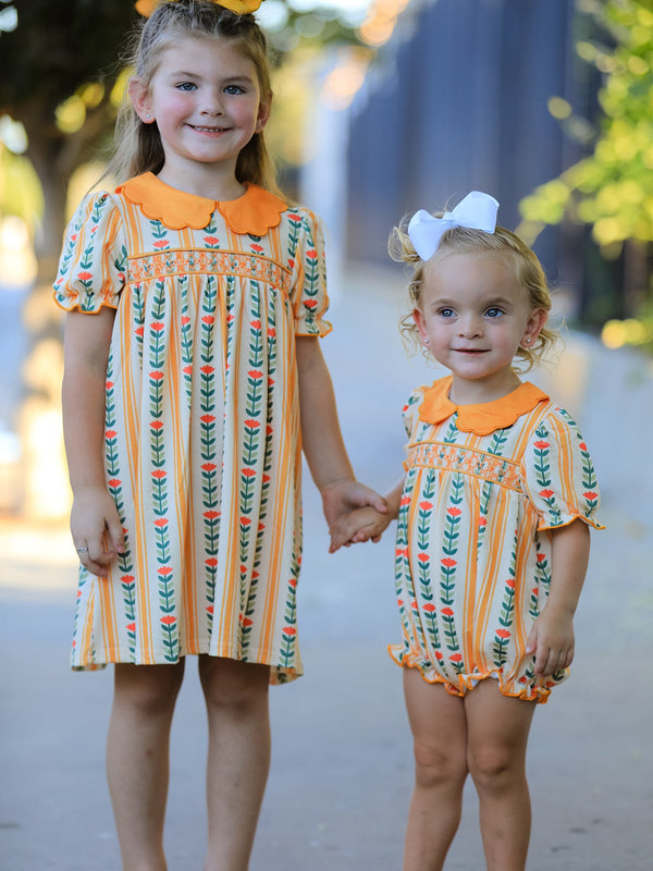 Fall Floral Stripe Girls Dress Petals Collar Smocked