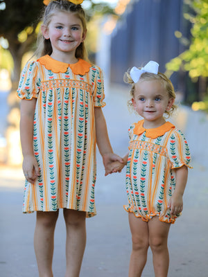 Fall Floral Stripe Baby Girls Romper Petals Collar Smocked