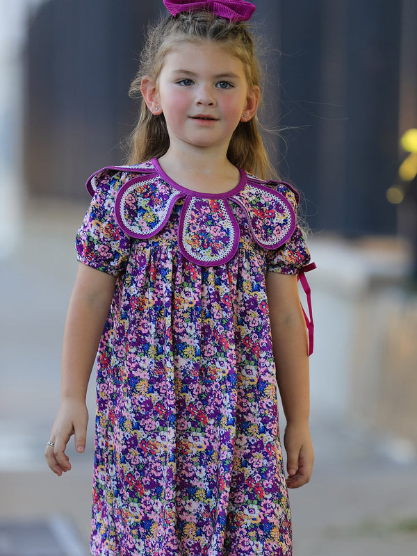 Purple Floral Bow Petals Collar Girls Dress