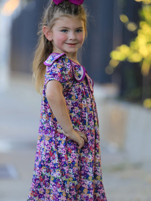 Purple Floral Bow Petals Collar Girls Dress