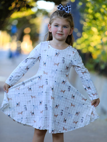 Fall Plaid Dog Print Girls Long Sleeve Twirl Dress