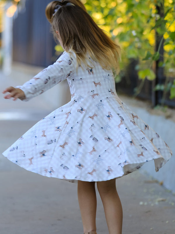 Fall Plaid Dog Print Girls Long Sleeve Twirl Dress