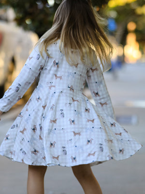 Fall Plaid Dog Print Girls Long Sleeve Twirl Dress