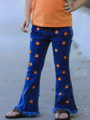 Girls Pumpkin Embroidered Flare Jeans Fall Denim Pants with Fringe Hem