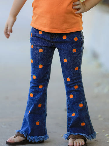 Girls Pumpkin Embroidered Flare Jeans Fall Denim Pants with Fringe Hem
