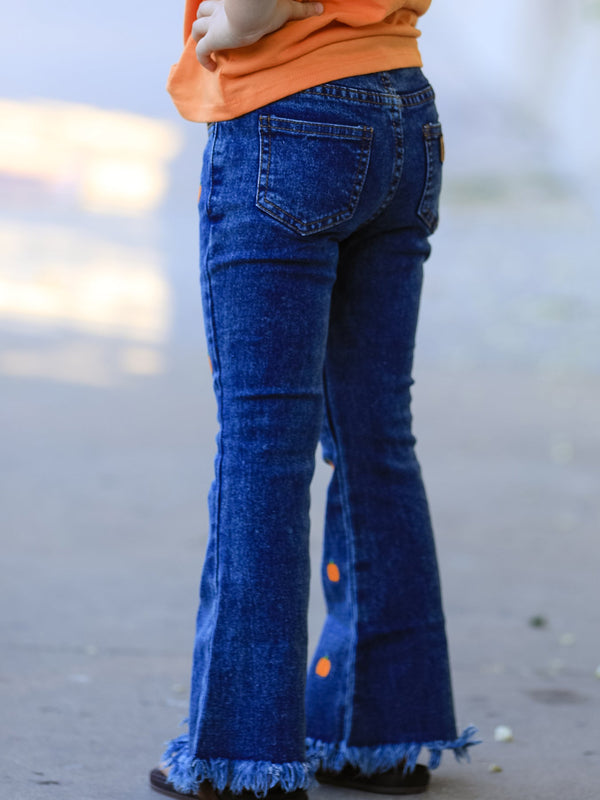 Girls Pumpkin Embroidered Flare Jeans Fall Denim Pants with Fringe Hem