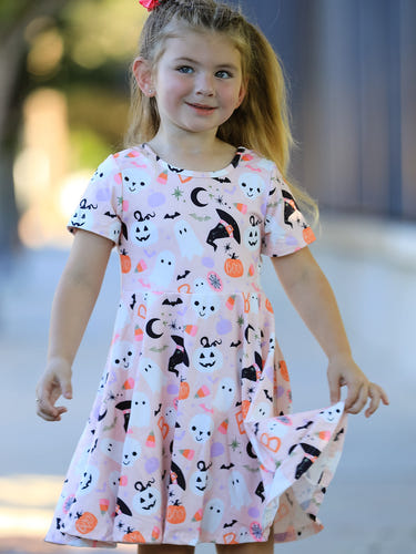 Halloween Ghost Girl Twirl Dress Short-sleeved