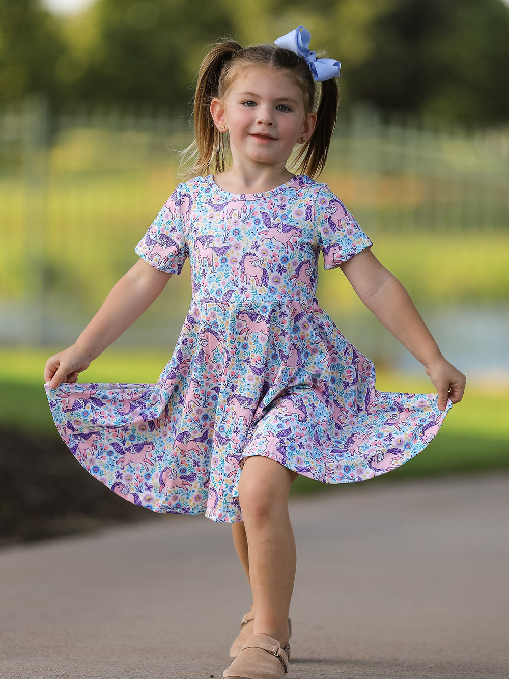 Unicorn Floral Print Girls Short Sleeve Twirl Dress