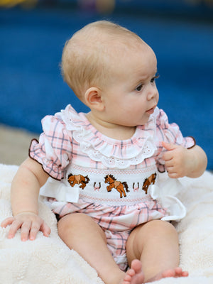 Western Horse Embroidered Smocked Plaid Baby Girl Romper