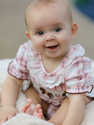 Western Horse Embroidered Smocked Plaid Baby Girl Romper