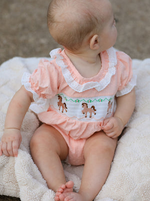 Western Horse Embroidery Girls Romper Lace Petals Collar Puff Sleeve