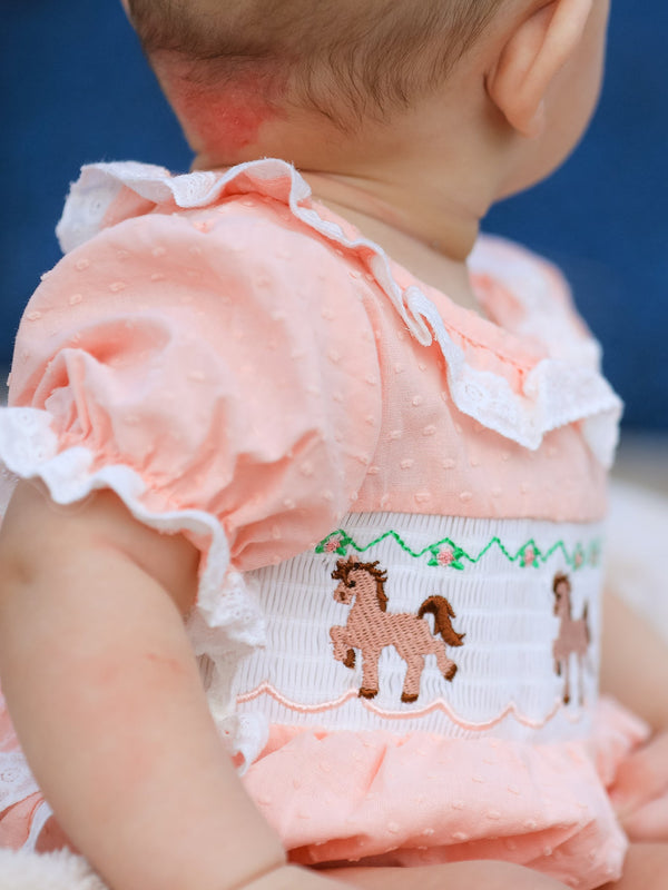 Western Horse Embroidery Girls Romper Lace Petals Collar Puff Sleeve