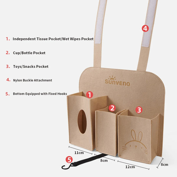 Baby car seat hanging organizer for travel essentials, designed for easy access and convenience.