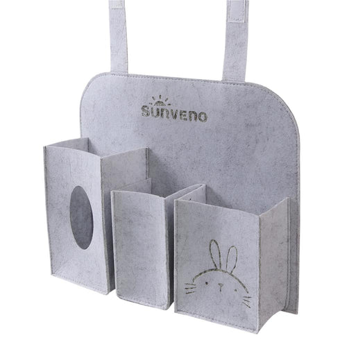 Baby car seat hanging organizer for travel essentials, featuring multiple pockets for easy access and storage.