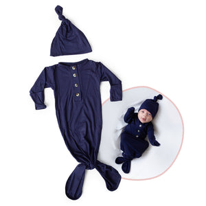 Newborn Knotted Gown and Hat Set Navy Blue, Newborn Clothes for Boys