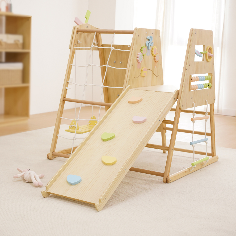 Avenlur Cherry 5-in-1 Wooden Indoor Climber Montessori Play Gym for toddlers and kids, perfect for active play.