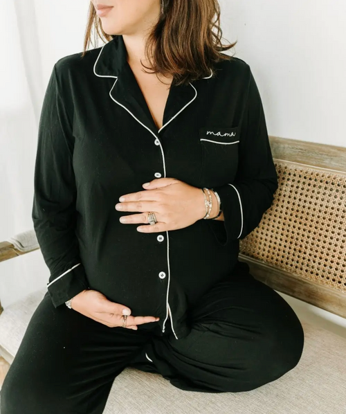 Embroidered 'Mama' bamboo pajamas for maternity and nursing, long sleeve, soft and stylish sleepwear.