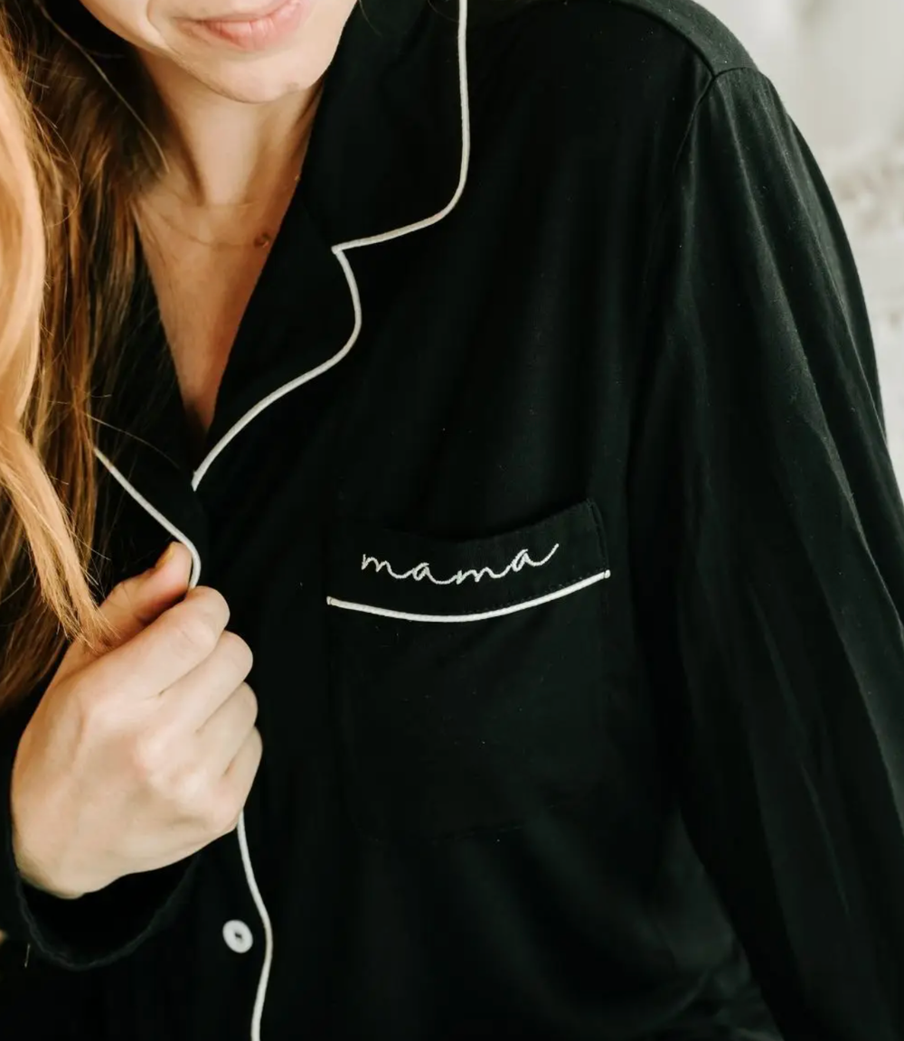 Embroidered 'Mama' bamboo pajamas for maternity and nursing, long sleeve, soft and stylish sleepwear.