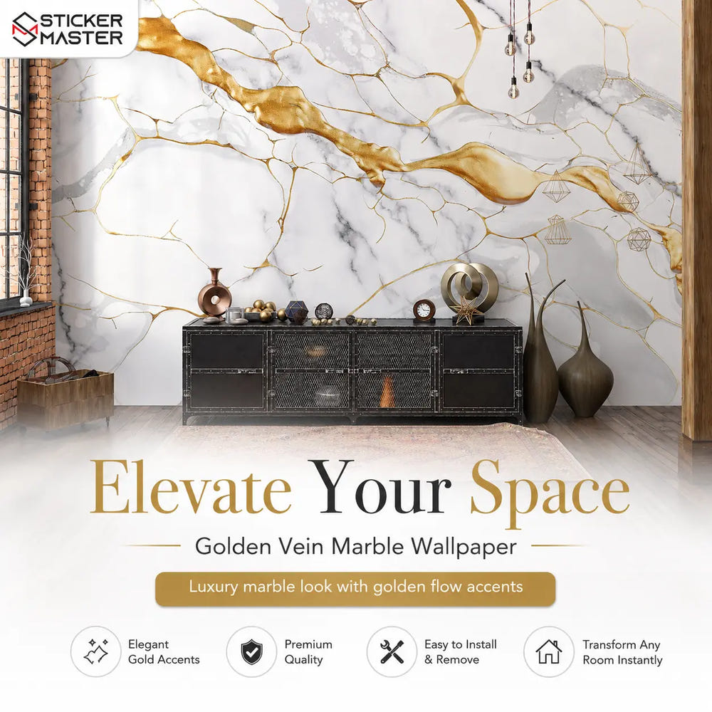 Golden Vein Marble Wallpaper Mural / Luxury Gold Stone Decor by Sticker Master