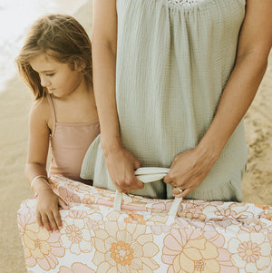 "Blooms Vegan Leather Play Mat in angle view, perfect for stylish and safe baby playtime."