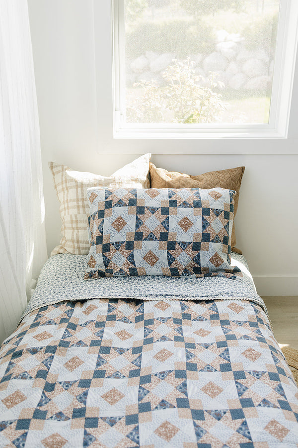 Patchwork Print + Blue Blossom Lace Twin Muslin Quilt